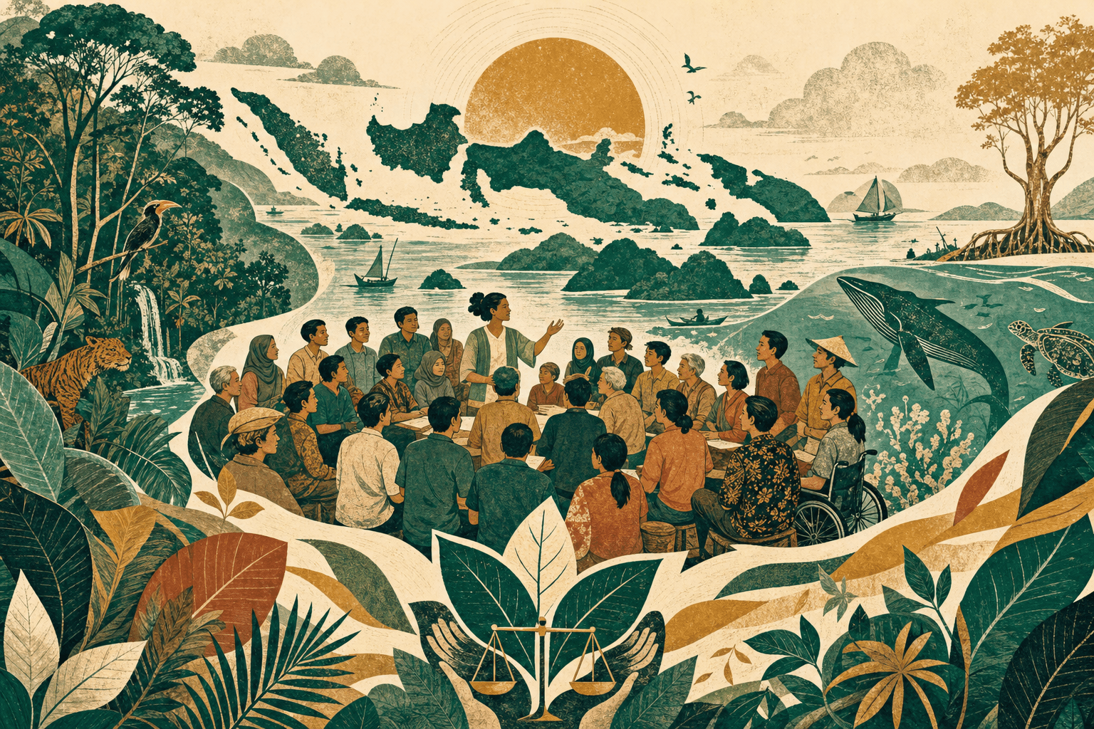 Ilustrasi warga Indonesia bermusyawarah di tengah kekayaan alam nusantara